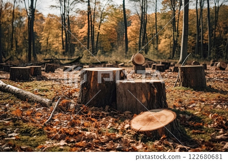 Forest deforestation. Cut trees for lumber and timber. Industry concept. Generative Ai 122680681