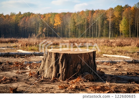 Forest deforestation. Cut trees for lumber and timber. Industry concept. Generative Ai 122680685