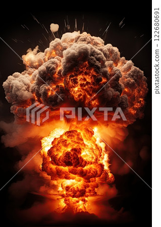 Explosion with smoke and flames. Black background. Copy space. Generative Ai illustration 122680691