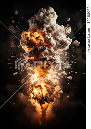 Explosion with smoke and flames. Black background. Copy space. Generative Ai illustration 122680694