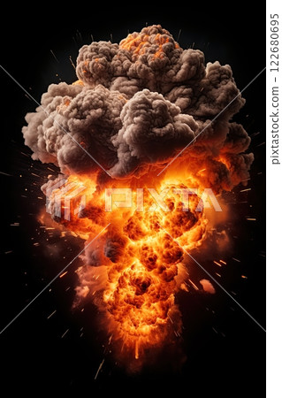 Explosion with smoke and flames. Black background. Copy space. Generative Ai illustration 122680695