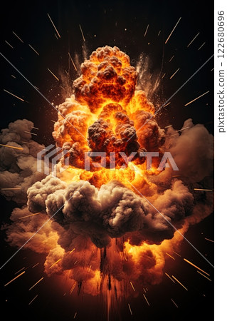 Explosion with smoke and flames. Black background. Copy space. Generative Ai illustration 122680696