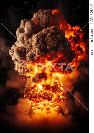 Explosion with smoke and flames. Black background. Copy space. Generative Ai illustration 122680697