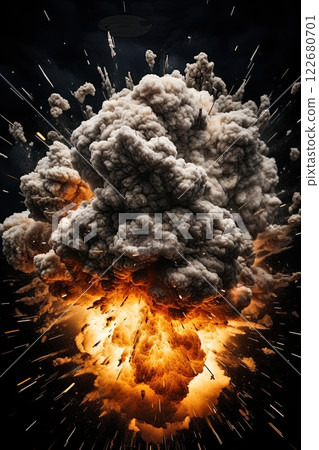 Explosion with smoke and flames. Black background. Copy space. Generative Ai illustration 122680701