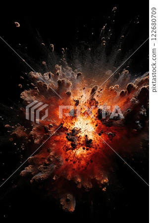 Explosion with smoke and flames. Black background. Copy space. Generative Ai illustration 122680709