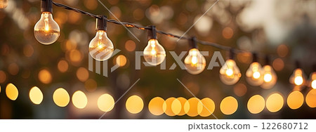 Vintage style light bulbs hanging outdoors. Decorative lights background. Generative Ai 122680712