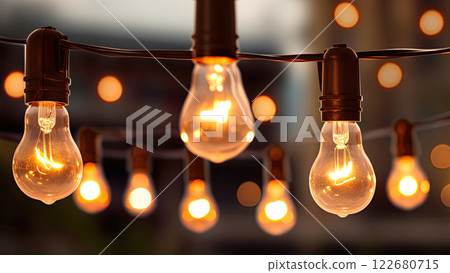 Vintage style light bulbs hanging outdoors. Decorative lights background. Generative Ai 122680715
