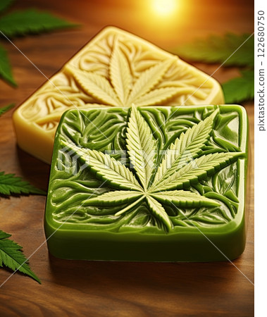 Cannabis soap made from hemp oil. Skincare and cosmetics concept. Generative Ai 122680750