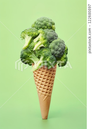 Broccoli in a ice cream comb over green background. Generative Ai 122680897
