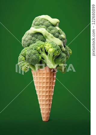 Broccoli in a ice cream comb over green background. Generative Ai 122680899