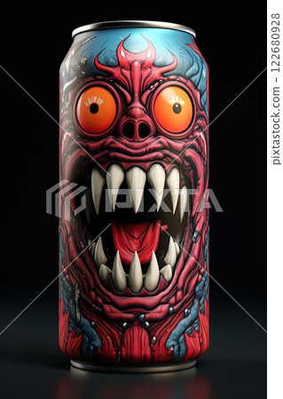 Can with monster image on it.  Energy drink ,soda package design. Generative Ai 122680928