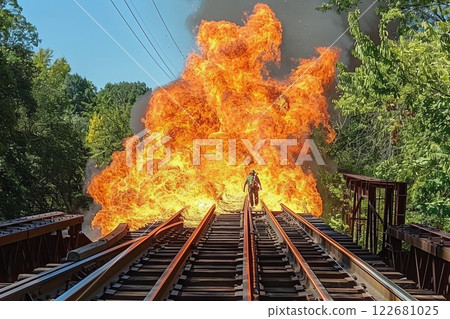 Intense fire explosion on railway track in forest environment Intense fire explosion on railway track in forest environment 122681025