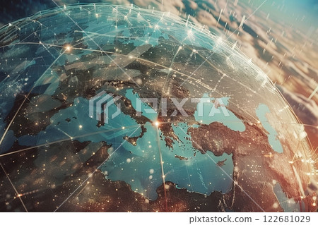 Digital connectivity across the globe at sunrise highlighting network and communication themes 122681029