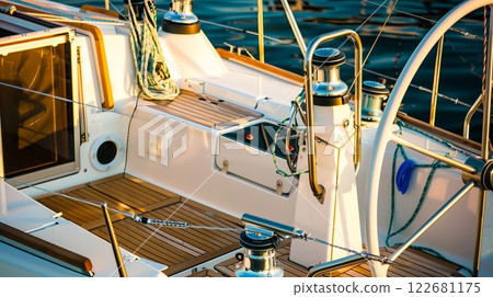 Modern sailboat cockpit with sunlit wooden deck and polished metal fittings 122681175