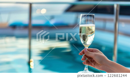 Female hand holding champagne glass by swimming pool on yacht 122681244