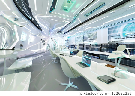 Futuristic white office interior with modern technology and sleek design 122681255
