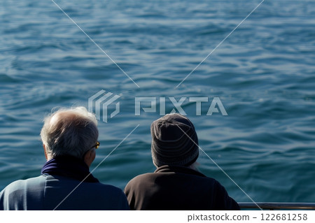 Elderly couple enjoying ocean view on a sunny day outdoors 122681258