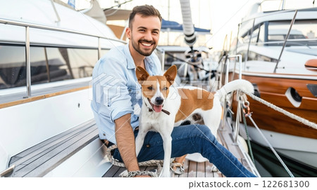 Caucasian young male smiling on yacht with brown and white dog 122681300