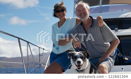 Happy caucasian elderly couple enjoying boat trip with dog on sunny day 122681304