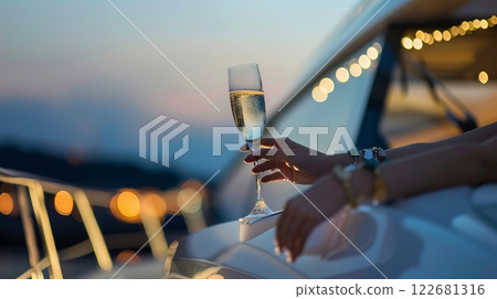 Hand holding champagne glass on luxury yacht during sunset 122681316