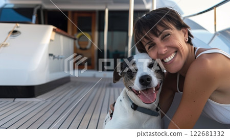 Happy hispanic female adult smiling with dog on yacht deck Happy hispanic female adult smiling with dog on yacht deck 122681332
