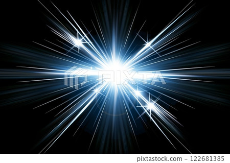 Bright white light burst with radiating beams on black background 122681385