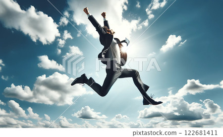 一位男商人一邊跳一邊揮拳 一位男商人一邊跳一邊揮拳 122681411