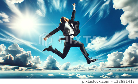 一位身穿西裝的男商人在藍天的背景下高興地跳躍 122681412
