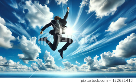 一位男商人正在跳躍並揮舞著拳頭。背景是藍天和雲彩 122681413