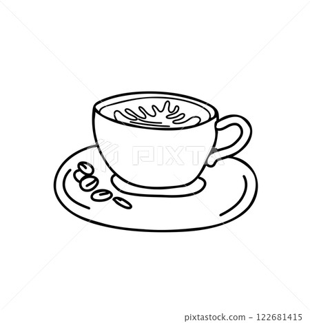 Cappuccino Coffee Cup isolated on white background. Black and white Sketch illustration in Doodle style. Ideal for beverage branding, cafe menu and graphic design projects. 122681415