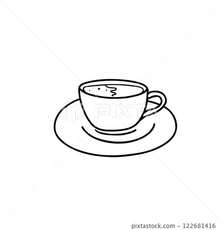 Coffee Cup isolated on white background. Black and white Hand drawn illustration of Americano in Doodle style. Ideal for beverage branding, cafe menu and graphic design projects. 122681416