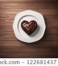 Heart-shaped chocolate cake on a white ceramic plate, wood grain background. AI generated image. 122681437
