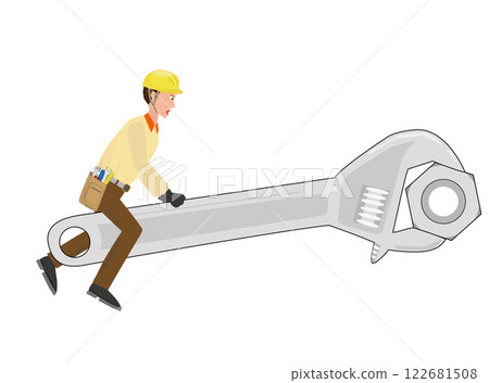 An engineer is tightening a nut with a spanner 122681508
