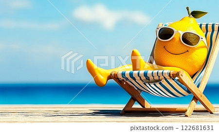 Lemon enjoying a sunny day on a beach chair while wearing stylish sunglasses, radiating pure relaxation and joy 122681631