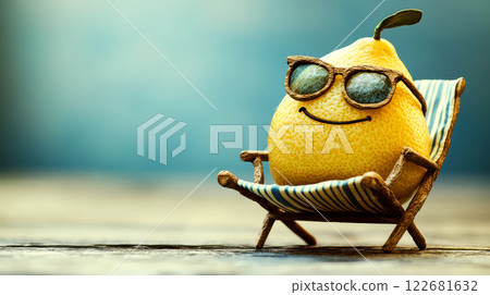 Lemon enjoying a sunny day on a beach chair while wearing stylish sunglasses, radiating pure relaxation and joy 122681632