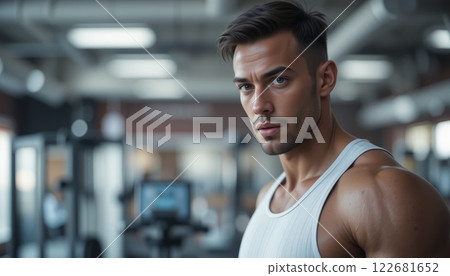 Fit Man Staring at the Camera in a Gym Background Fit Man Staring at the Camera in a Gym Background 122681652