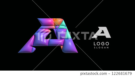 Sporty 3D bubble letter A, puzzle-like volume effect, vibrant Memphis-style cutout logo, glossy colorful design for dynamic youthful logos, shiny colored. Vector illustration Sporty 3D bubble letter A, puzzle-like volume effect, vibrant Memphis-style cutout logo, glossy colorful design for dynamic youthful logos, shiny colored. Vector illustration 122681679