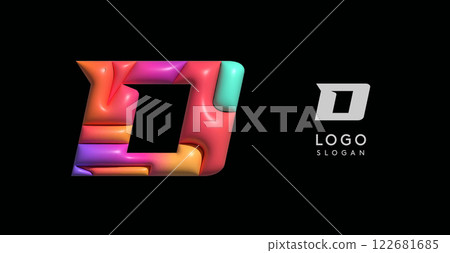 Sporty 3D bubble letter D, puzzle-like volume effect, vibrant Memphis-style cutout logo, glossy colorful design for dynamic youthful logos, shiny colored. Vector illustration 122681685
