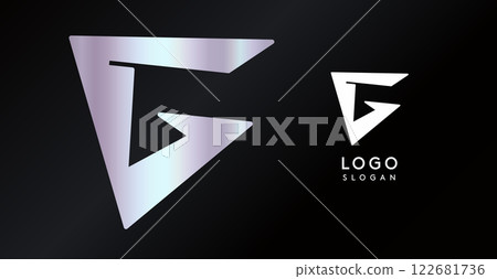 Geometric triangular G letter, abstract dynamic logo, modern holographic gradient monogram for gaming, technology, urban art, innovation, streetwear brand, sci-fi cybersport. Vector illustration 122681736