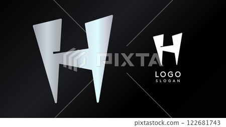 Geometric triangular H letter, abstract dynamic logo, modern holographic gradient monogram for gaming, technology, urban art, innovation, streetwear brand, sci-fi cybersport. Vector illustration 122681743