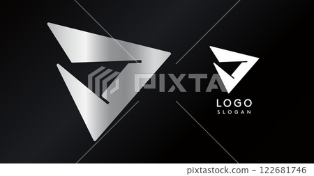 Geometric triangular D letter, abstract dynamic logo, modern holographic gradient monogram for gaming, technology, urban art, innovation, streetwear brand, sci-fi cybersport. Vector illustration 122681746