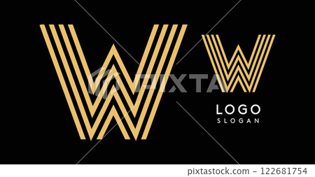 Geometric golden letter W made of parallel lines forming a bold and modern design on a black background. Evokes luxury, elegance, and sophistication. Ideal for premium branding. Vector illustration Geometric golden letter W made of parallel lines forming a bold and modern design on a black background. Evokes luxury, elegance, and sophistication. Ideal for premium branding. Vector illustration 122681754