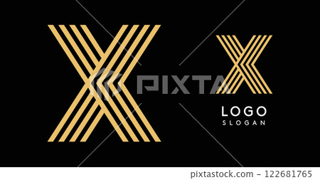 Geometric golden letter X with concentric lines on black background. Sleek sophisticated logo design. Luxury, modernity, elegance logotype for premium branding, corporate identity.Vector illustration. Geometric golden letter X with concentric lines on black background. Sleek sophisticated logo design. Luxury, modernity, elegance logotype for premium branding, corporate identity.Vector illustration. 122681765