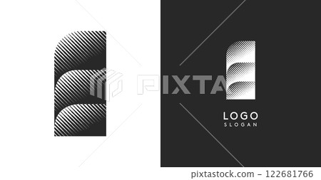 E vector letter. Sharp contrast monogram strike diagonal hatching for industrial yet modern look. High bold logo template. Logotype concept design for brand in tech, architecture, fashion 122681766