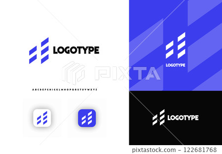 Bold diagonal stripes creating geometric shapes letter A logo for technology, finance, banking, cryptocurrency, corporate branding, architecture, construction, real estate. Vector illustration 122681768