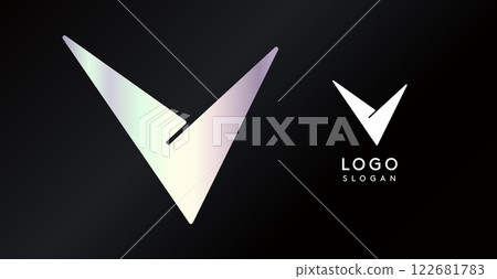 Geometric triangular V letter, abstract dynamic logo, modern holographic gradient monogram for gaming, technology, urban art, innovation, streetwear brand, sci-fi cybersport. Vector illustration 122681783