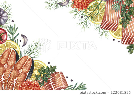 A frame with an image of sliced red fish with vegetables. A hand-drawn watercolor illustration. A color image of a seafood template. On a white background. For menus, labels, packaging, invitations. 122681835