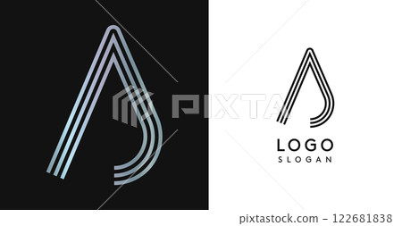 Minimalistic striped letter A, three lines monogram, shiny luxurious metallic gloss color logo for premium brand of jewels, fashion and beauty. Modern retro avant-garde identity. Vector illustration. 122681838