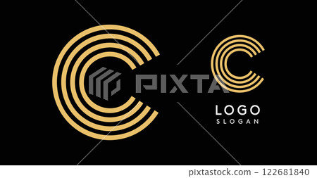 Geometric golden letter C with concentric lines on black background. Sleek sophisticated logo design. Luxury, modernity, elegance logotype for premium branding, corporate identity.Vector illustration. 122681840