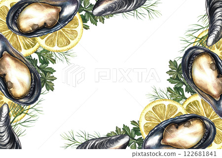Corner frame with mussels, lemon and herbs. Handmade watercolor illustration. A color image of a seafood template. On a white background. For menus, invitations, packages, labels and recipes. 122681841